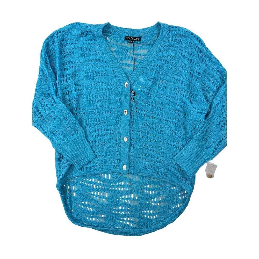NEW Dolce Cabo Women's Sweater Aqua Blue Crochet Button Long Sleeve Small